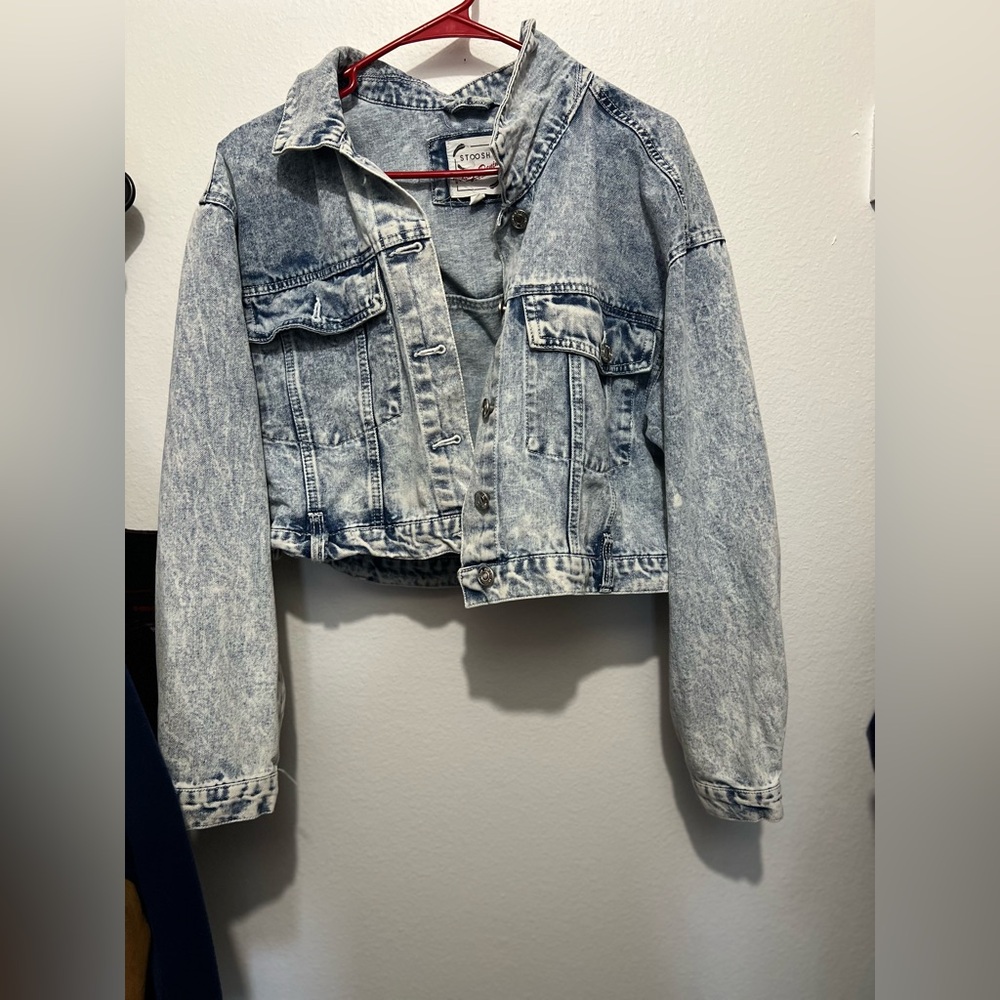 Stoosh Acid Wash Cropped Denim Jacket - Light Blue
